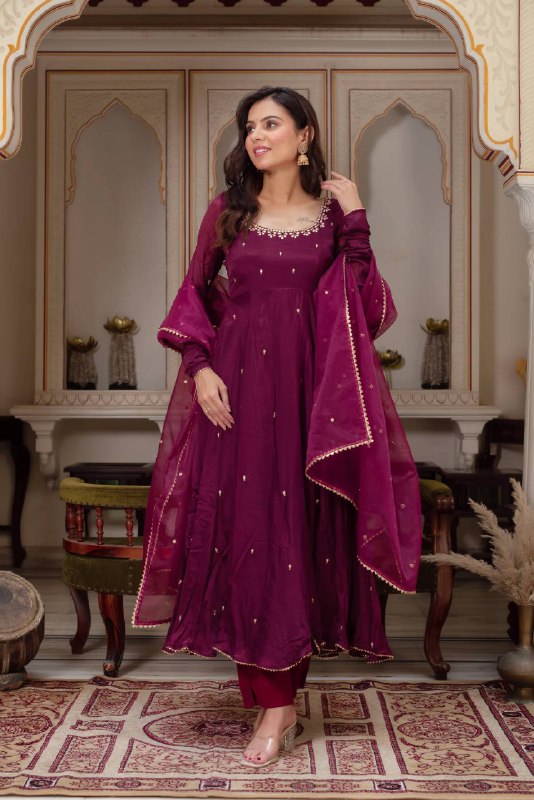 Embroidered Neck Full Sleeve Anarkali Suit in Deep Plum