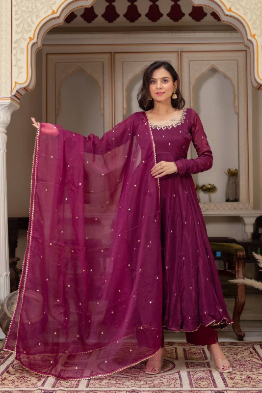 Embroidered Neck Full Sleeve Anarkali Suit in Deep Plum