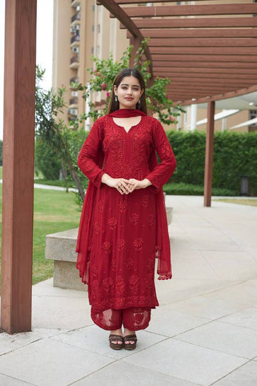 Designer Deep Red Heavy Chikankari Kurta Set with Dupatta & Trousers