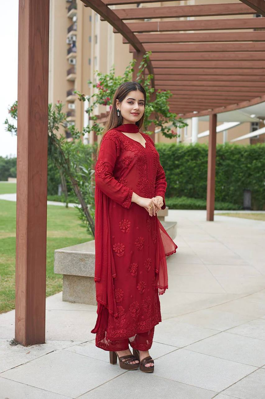 Designer Deep Red Heavy Chikankari Kurta Set with Dupatta & Trousers