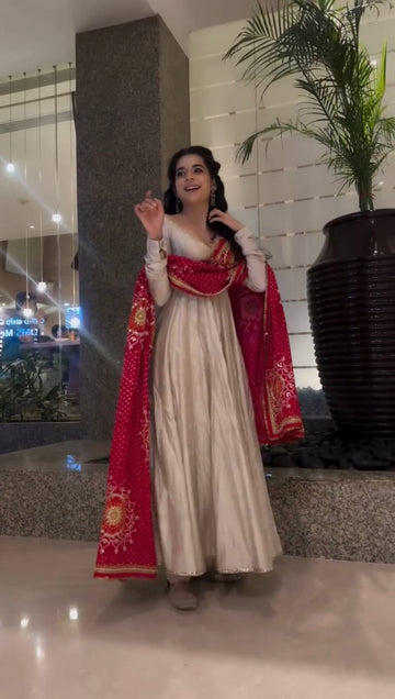 Cream Anarkali Suit with Red Bandhani Dupatta