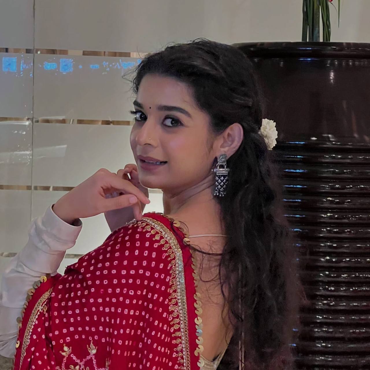 Cream Anarkali Suit with Red Bandhani Dupatta