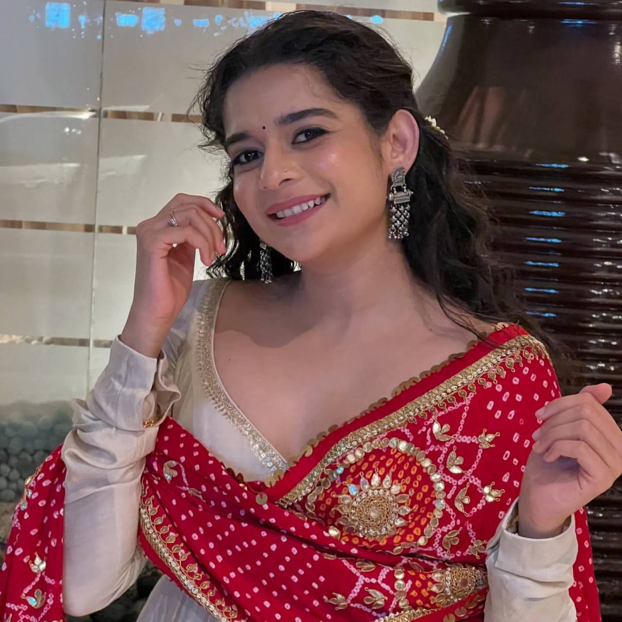 Cream Anarkali Suit with Red Bandhani Dupatta