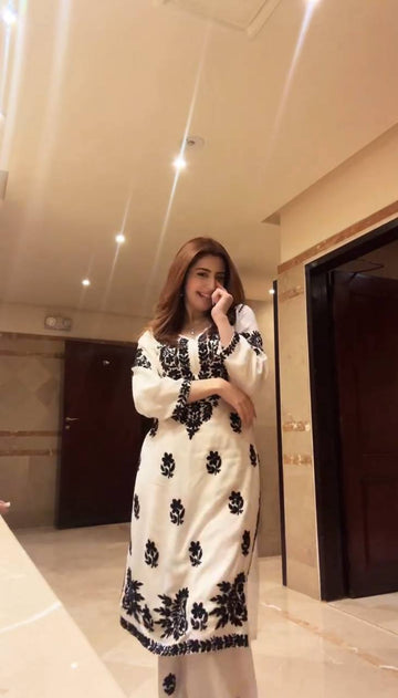Ethnic/Pakistani Black & White Chikankari Style Embroidered Straight Kurti