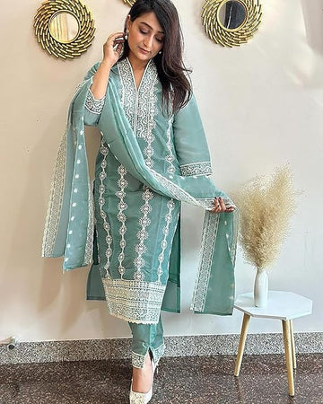 Elegant Sea Sky Blue Chikankari Embroidered 3-Piece Kurta Set