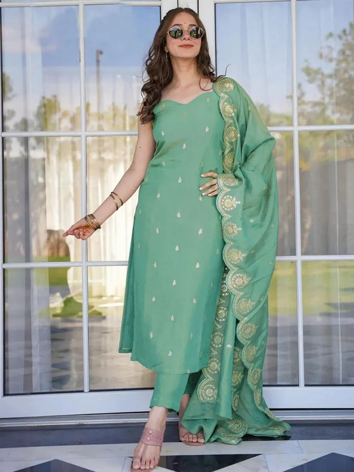 Elegant Mint Green Sleeveless Kurta-Pant Set with Heavy Gold Embroidered Dupatta