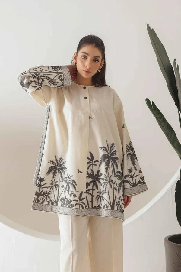 Beige & Black Palm Print Co-Ord Set for Women