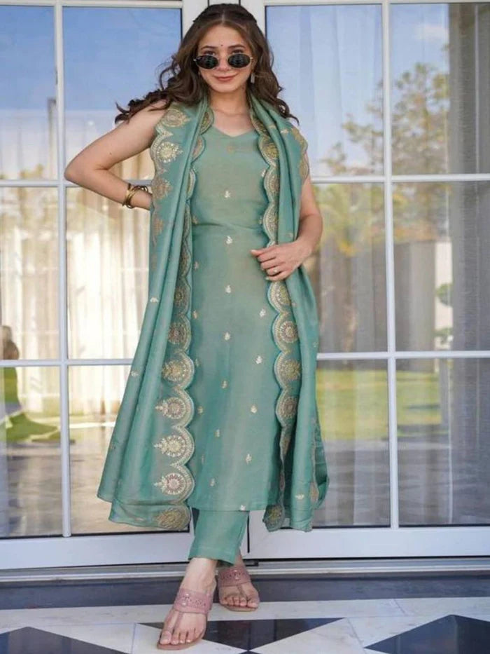 Elegant Mint Green Sleeveless Kurta-Pant Set with Heavy Gold Embroidered Dupatta
