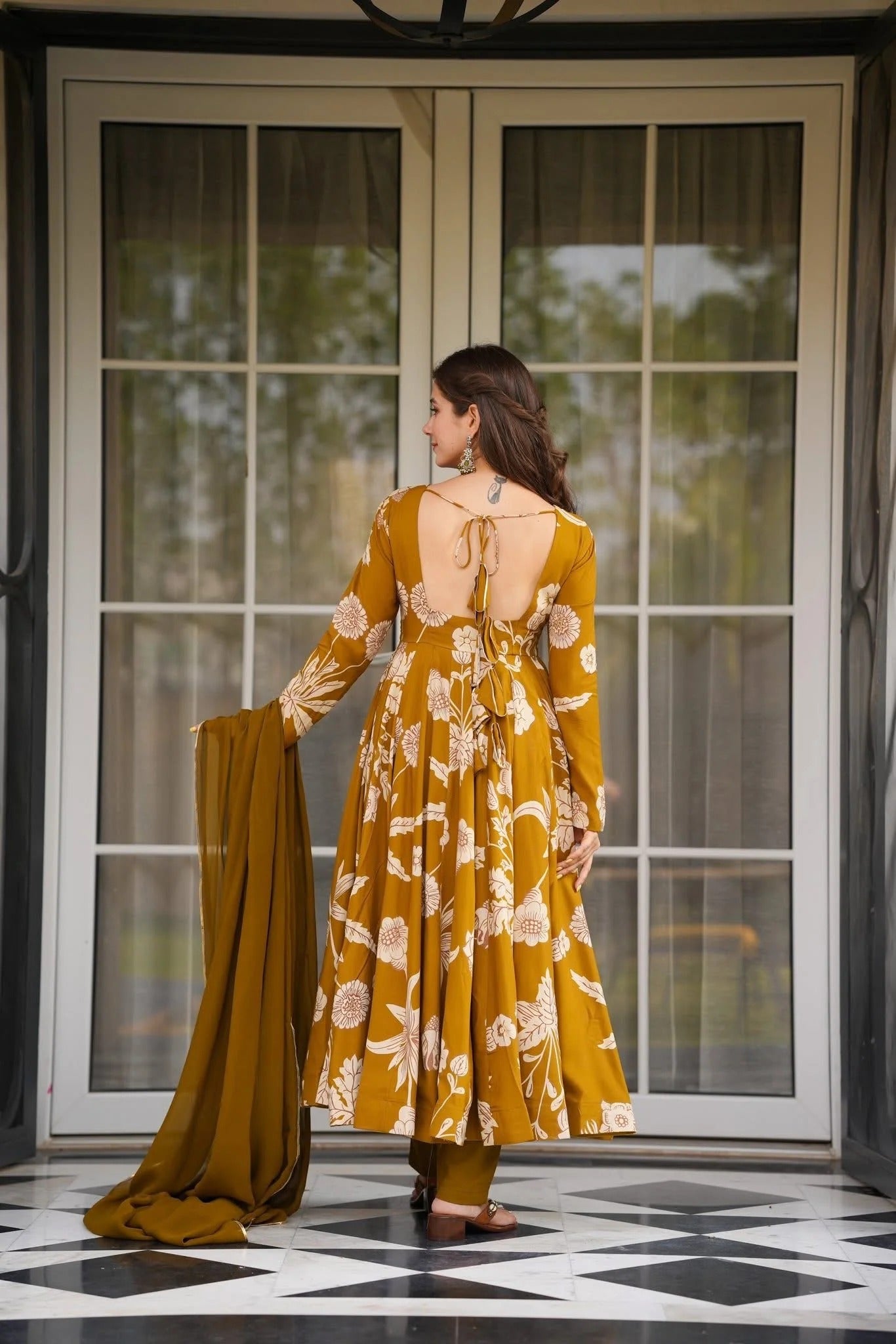 Ethnic Mustard Floral Flared Anarkali Kurta Set