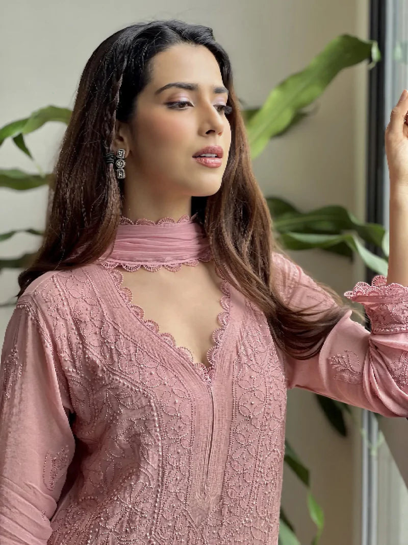 Trending faux georgette top cotton thread embroidered work and work plazo with dupatta