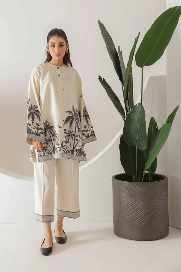 Beige & Black Palm Print Co-Ord Set for Women