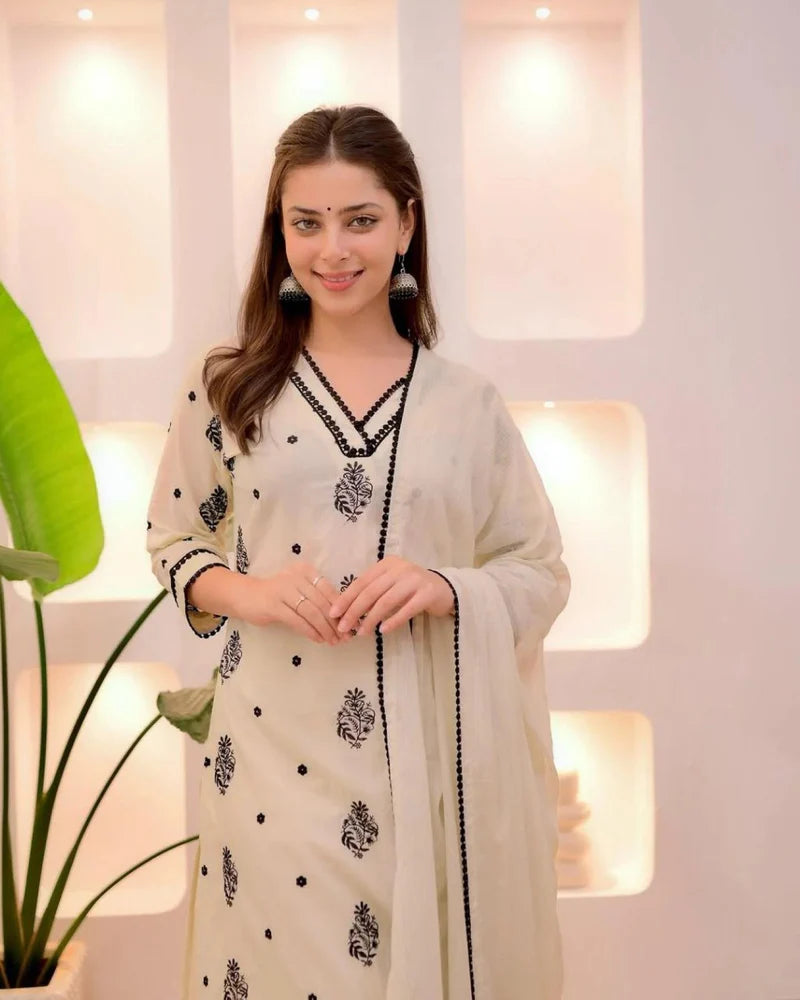 Classic Cream & Black Embroidered Straight-Cut Suit Set