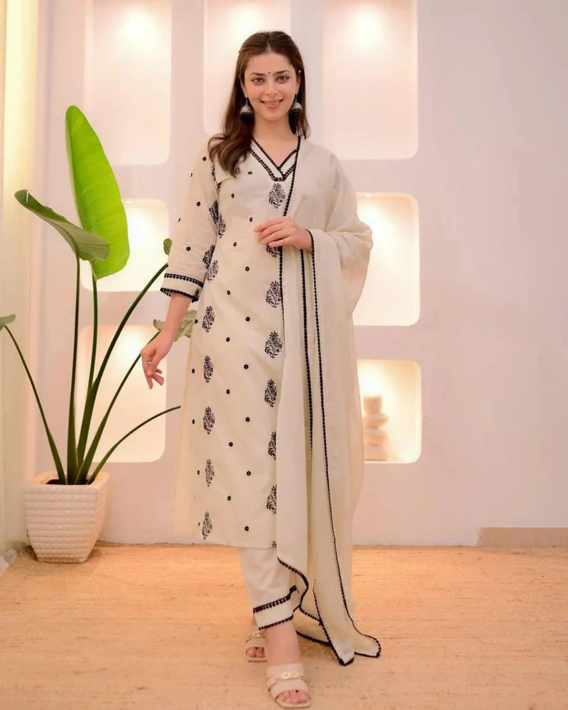 Classic Cream & Black Embroidered Straight-Cut Suit Set
