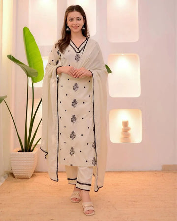 Classic Cream & Black Embroidered Straight-Cut Suit Set