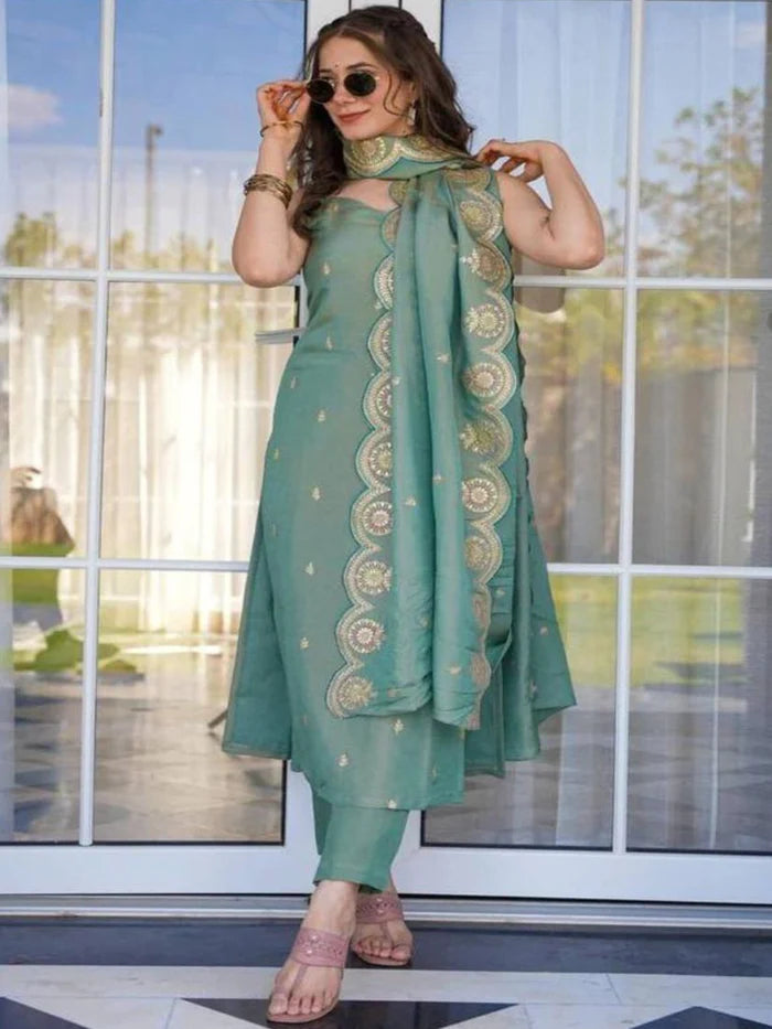 Elegant Mint Green Sleeveless Kurta-Pant Set with Heavy Gold Embroidered Dupatta