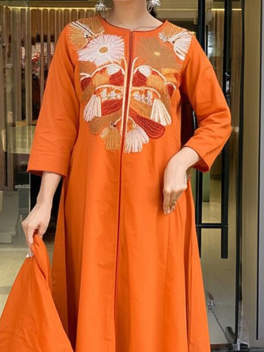 Elegant Floral Embroidered Yoke Kurta Set in Deep Orange