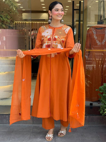 Elegant Floral Embroidered Yoke Kurta Set in Deep Orange