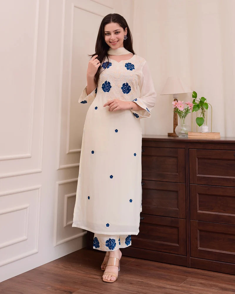 Elegant White Embroidered Suit Set with Blue Floral Accents