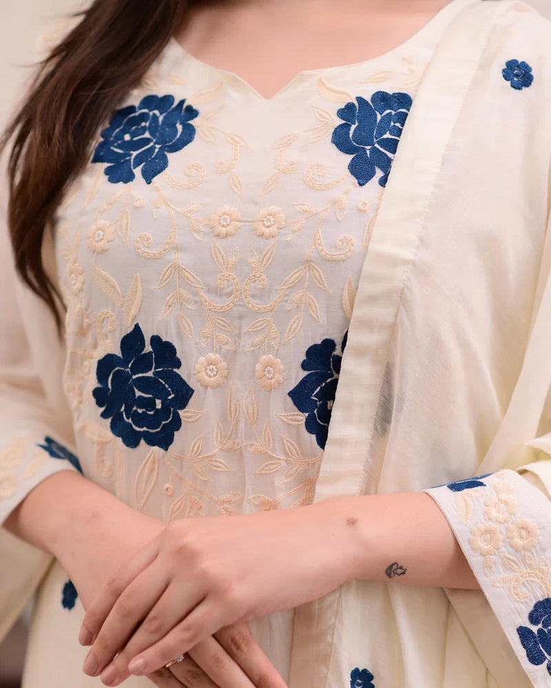 Elegant White Embroidered Suit Set with Blue Floral Accents