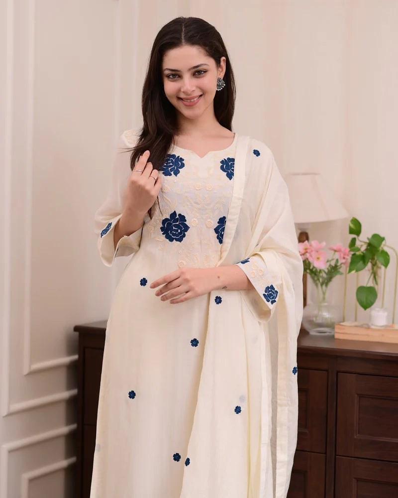 Elegant White Embroidered Suit Set with Blue Floral Accents