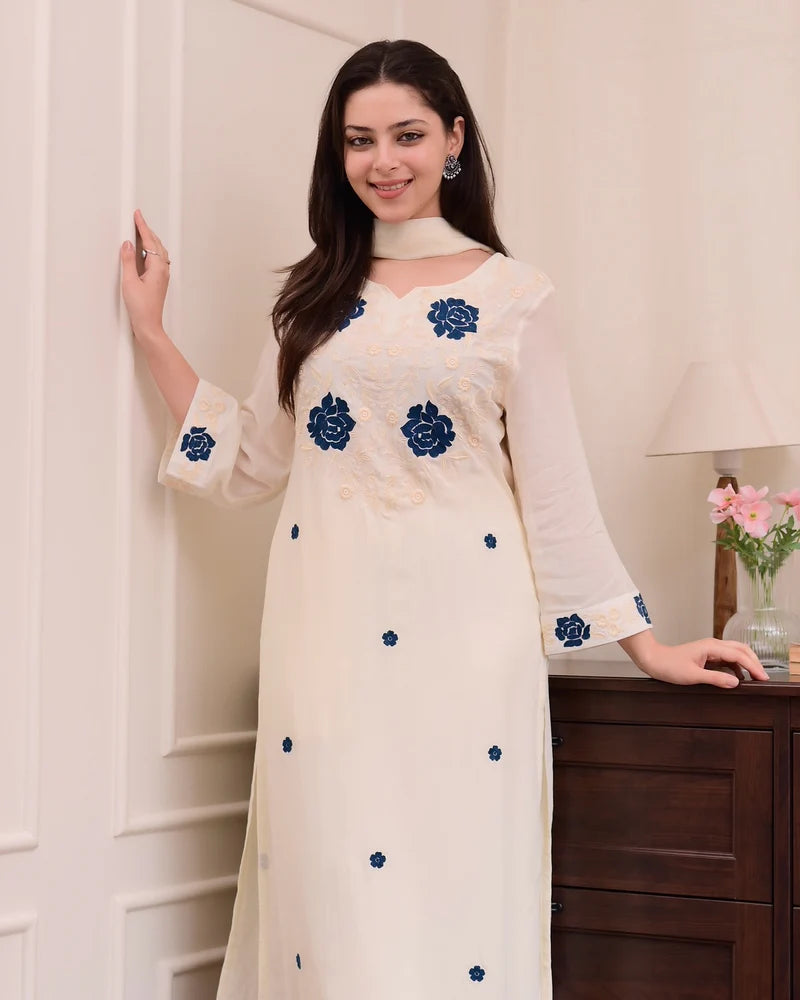 Elegant White Embroidered Suit Set with Blue Floral Accents