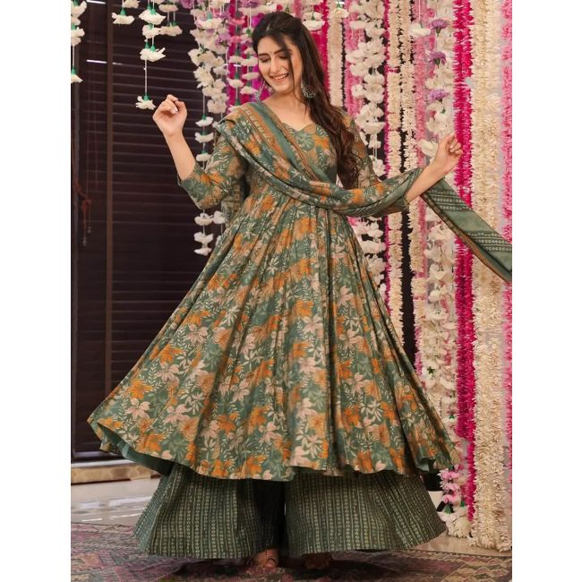 Elegant Green Muslin Floral Print Anarkali Sharara Suit