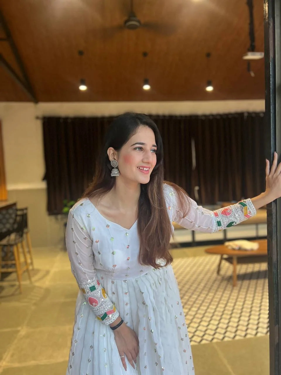 White Mirror Work Anarkali Gown with Colorful Border