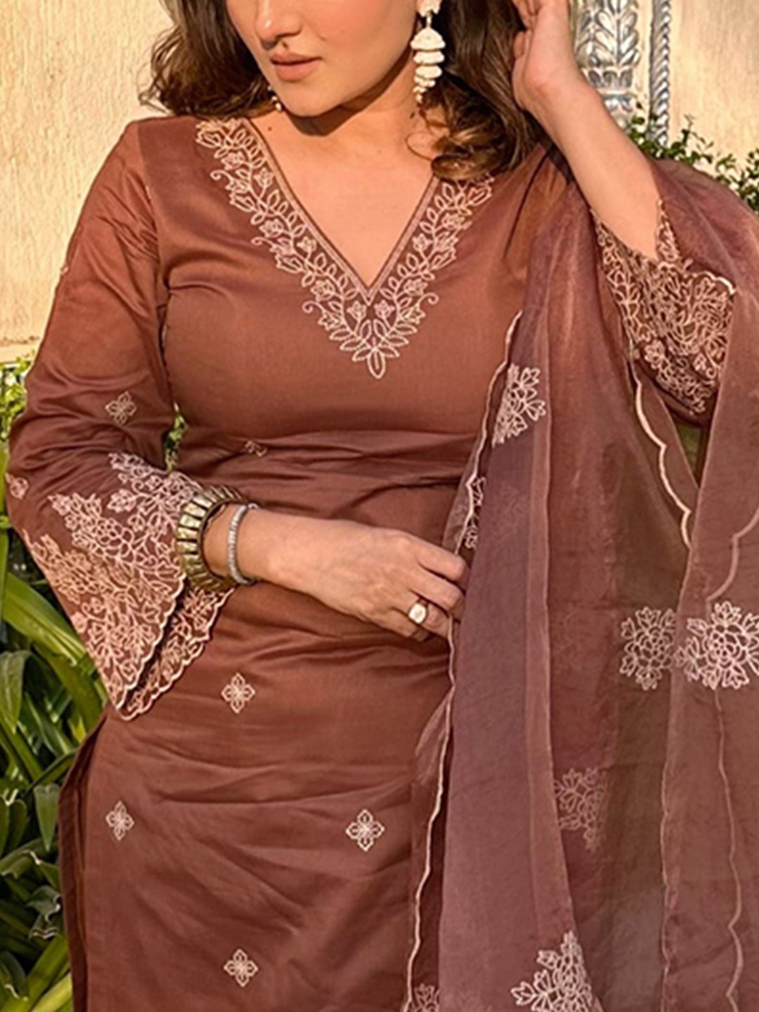 Designer Light Brown Organza Suit with Dupatta