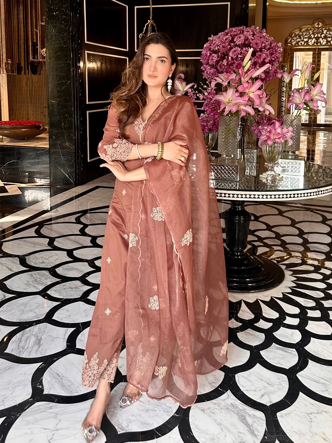 Designer Light Brown Organza Suit with Dupatta