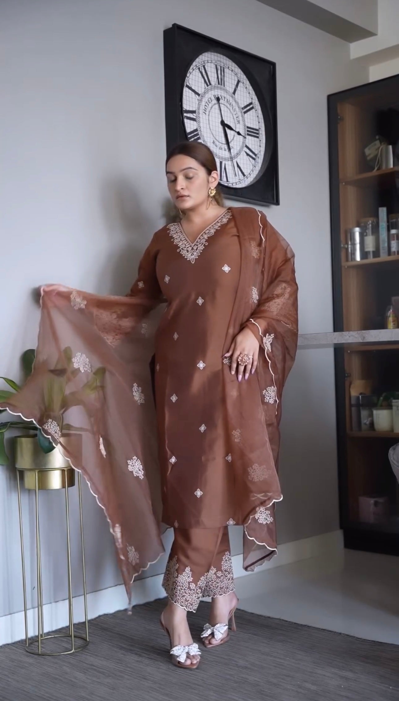 Designer Light Brown Organza Suit with Dupatta
