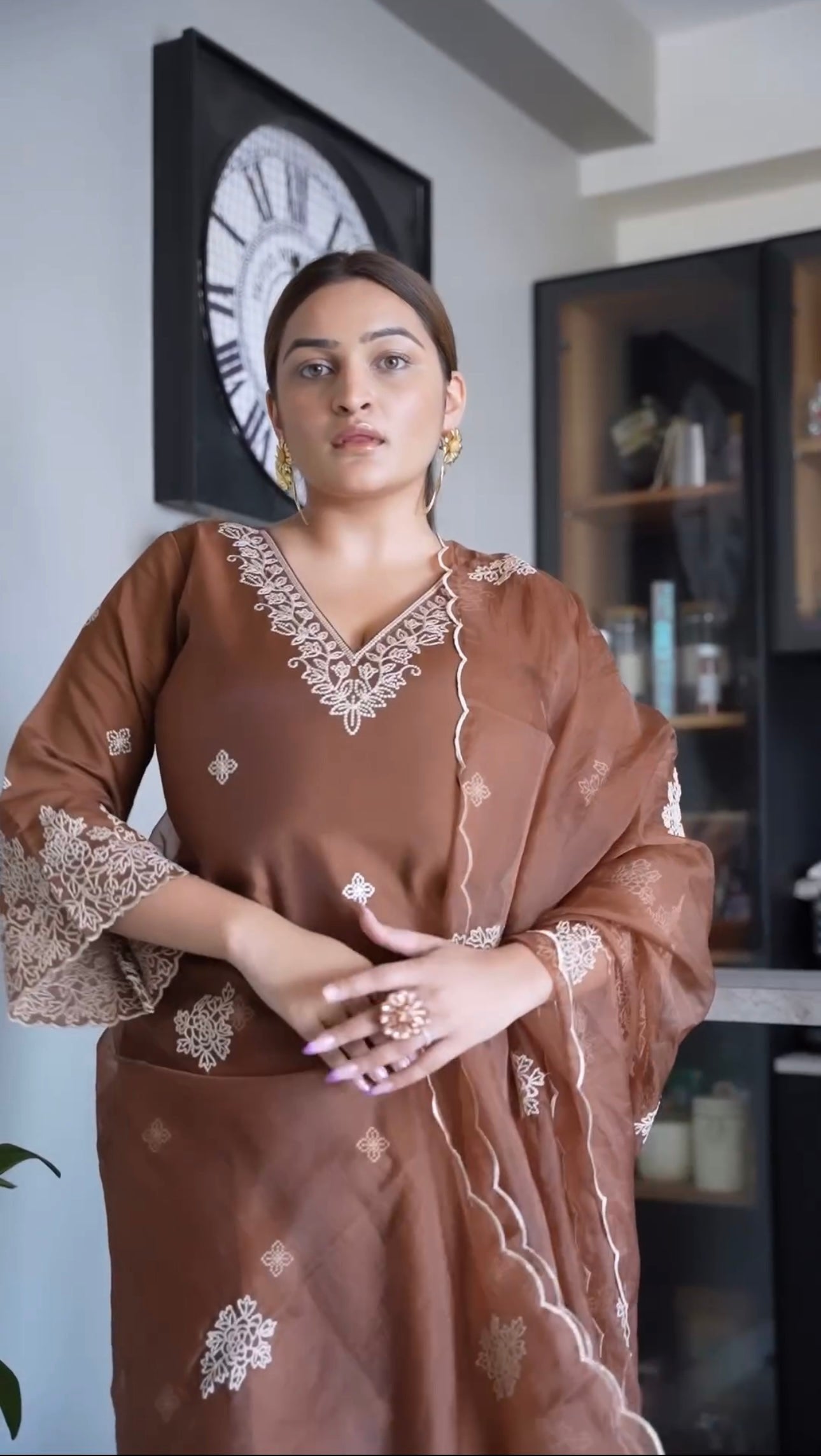 Designer Light Brown Organza Suit with Dupatta