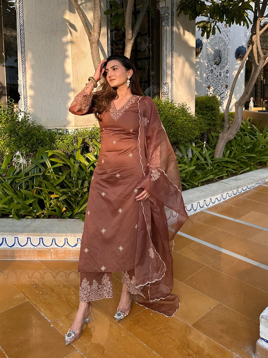 Designer Light Brown Organza Suit with Dupatta