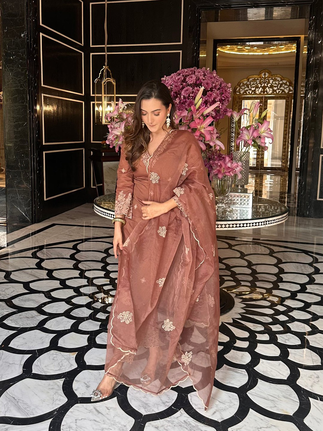 Designer Light Brown Organza Suit with Dupatta