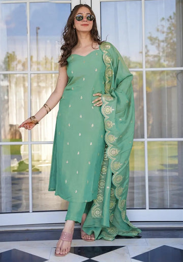 Elegant Mint Green Sleeveless Kurta-Pant Set with Heavy Gold Embroidered Dupatta