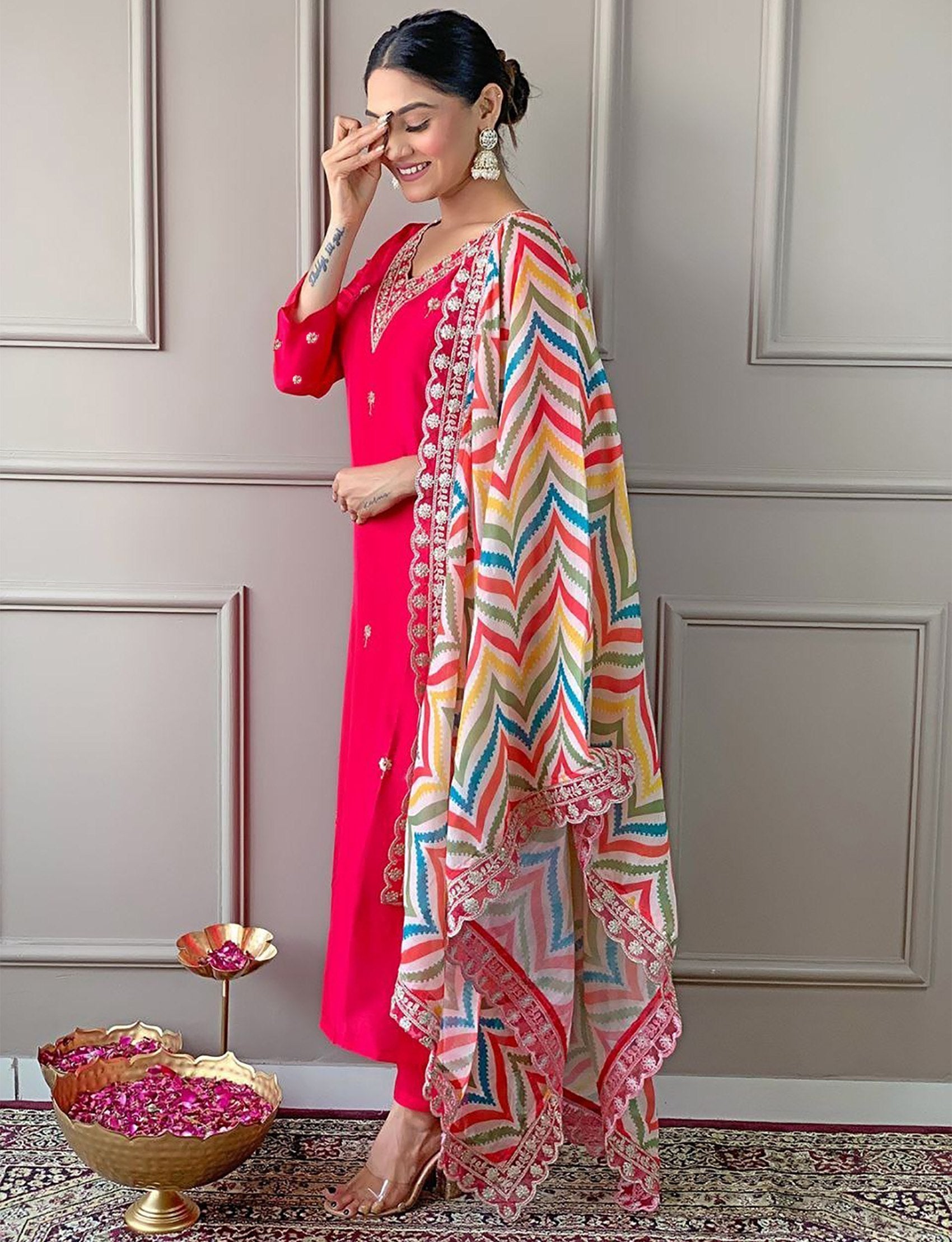 Ethnic Wear: Elegant Pink Kurta Set with Colorful Dupatta