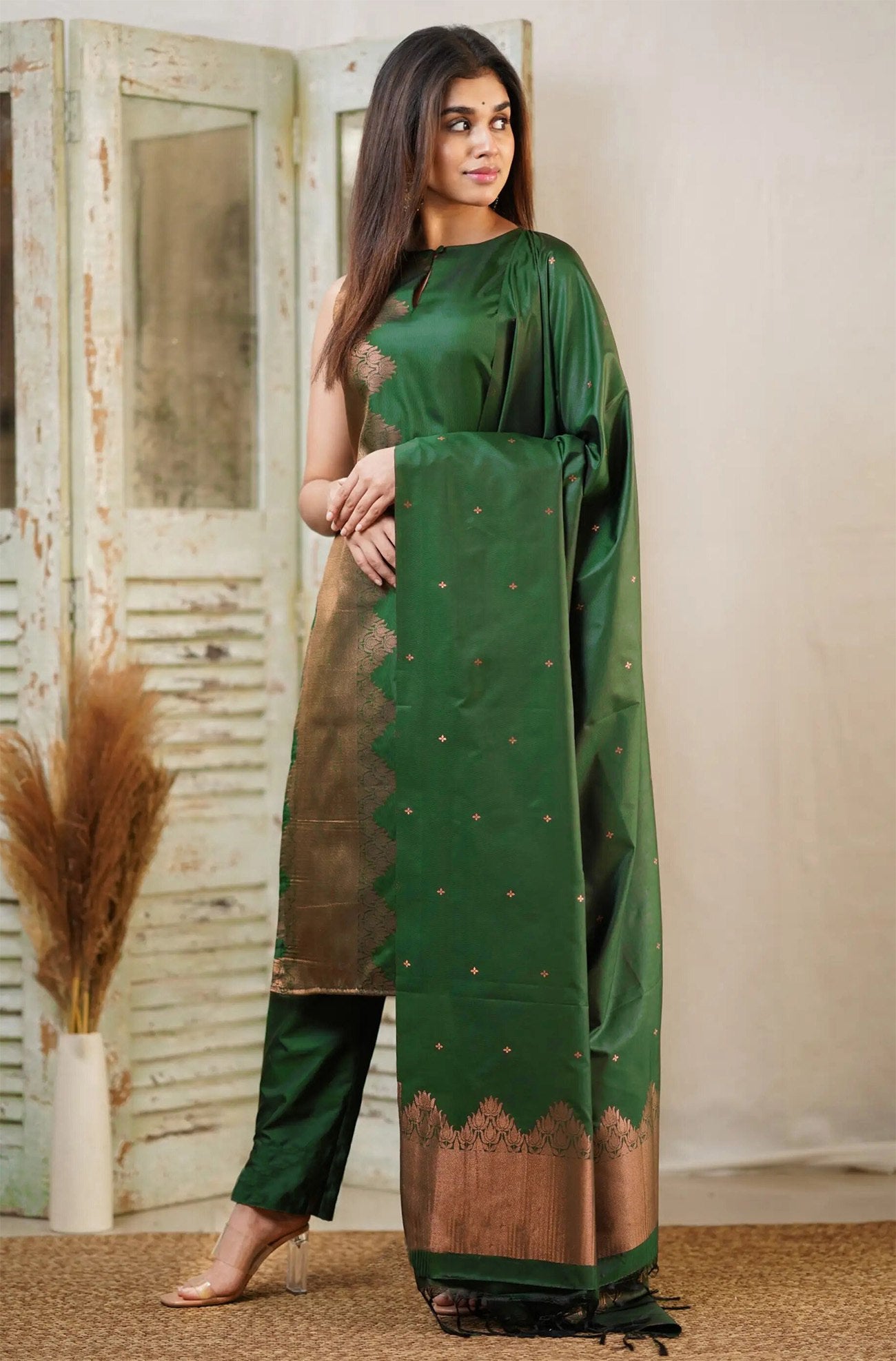 Regal Forest Green Silk Fusion Kurta Set