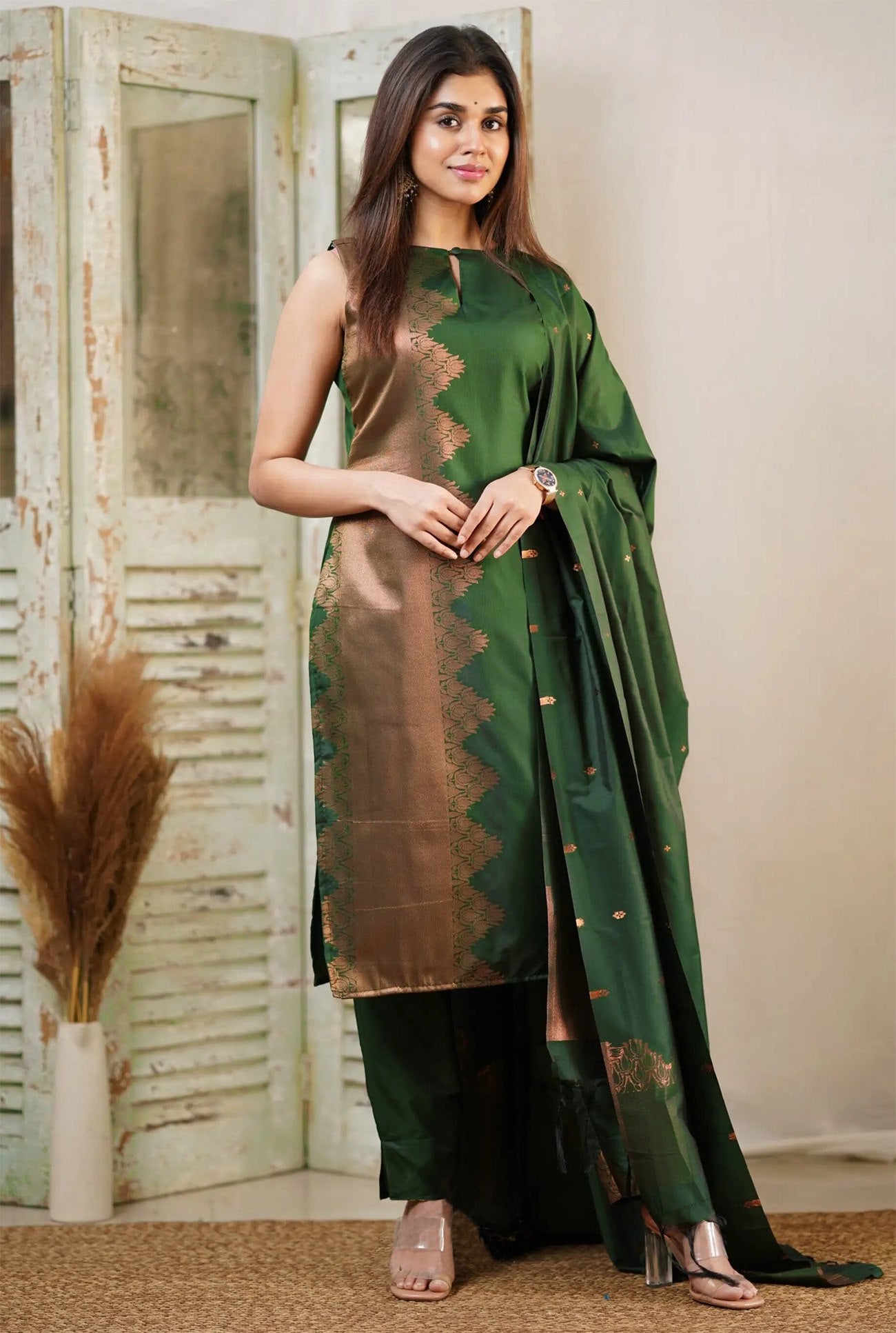 Regal Forest Green Silk Fusion Kurta Set