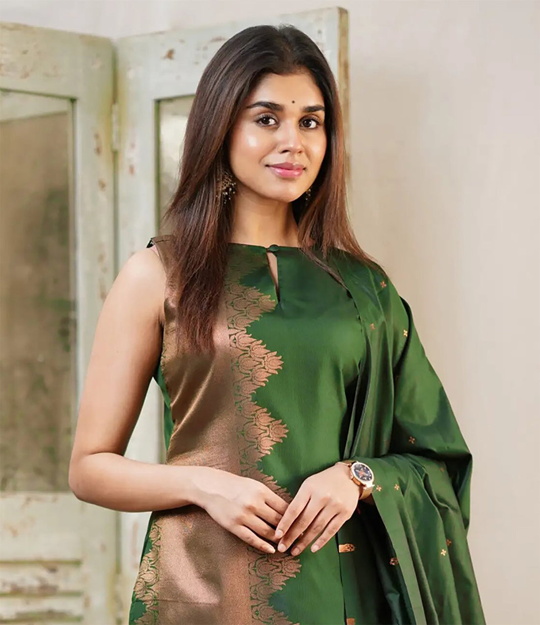 Regal Forest Green Silk Fusion Kurta Set