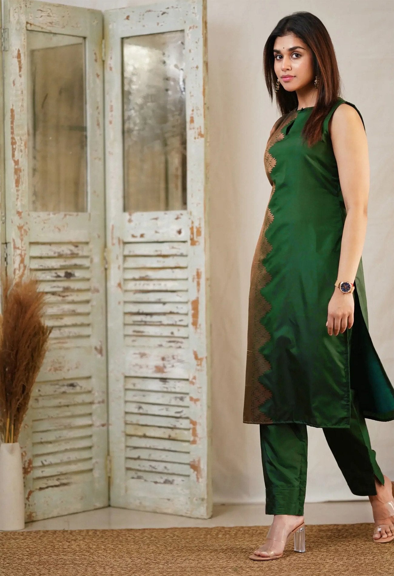 Regal Forest Green Silk Fusion Kurta Set