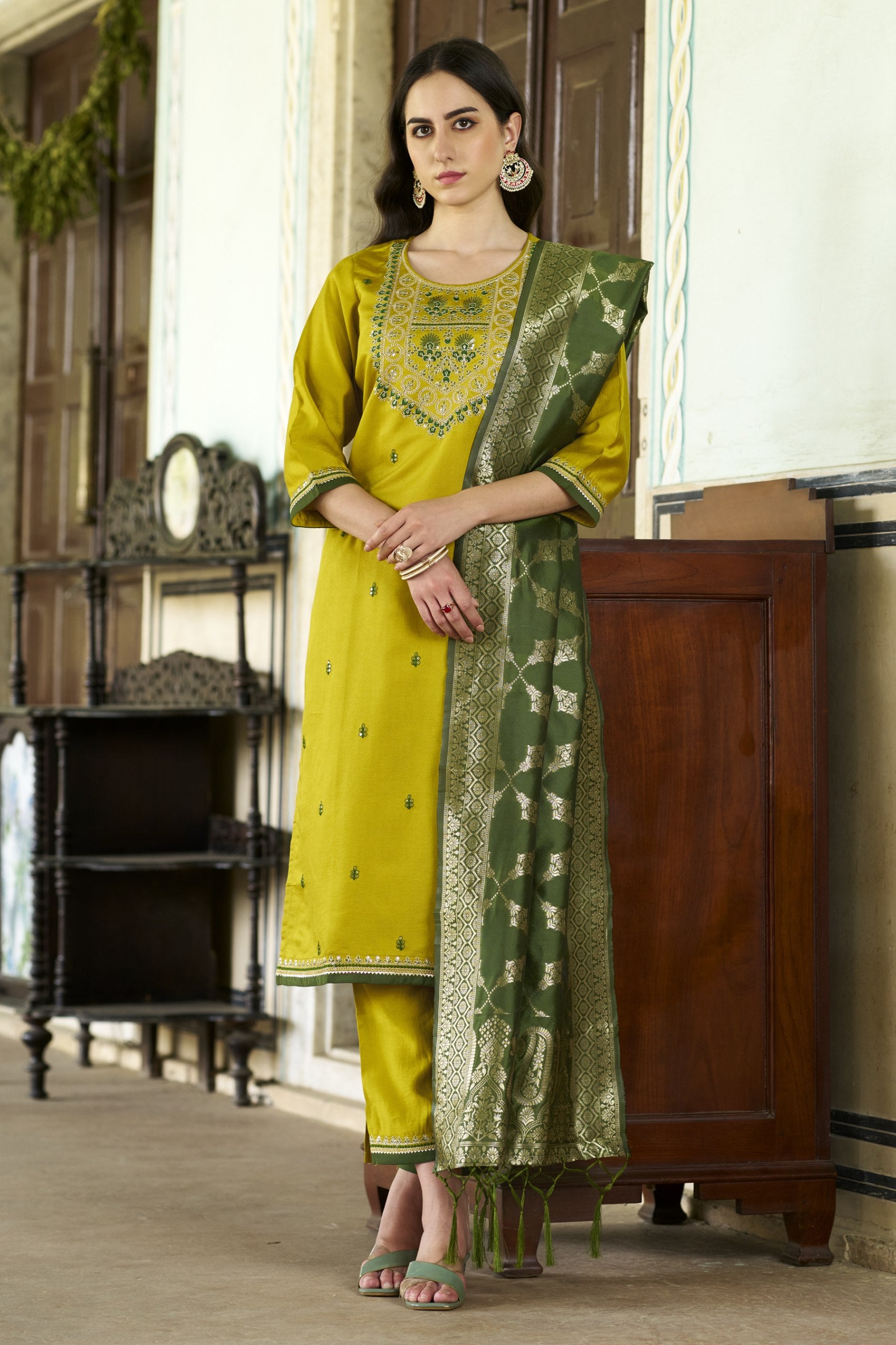 Traditional Yellow-Green Salwar Suit with Brocade Dupatta