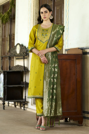 Traditional Yellow-Green Salwar Suit with Brocade Dupatta