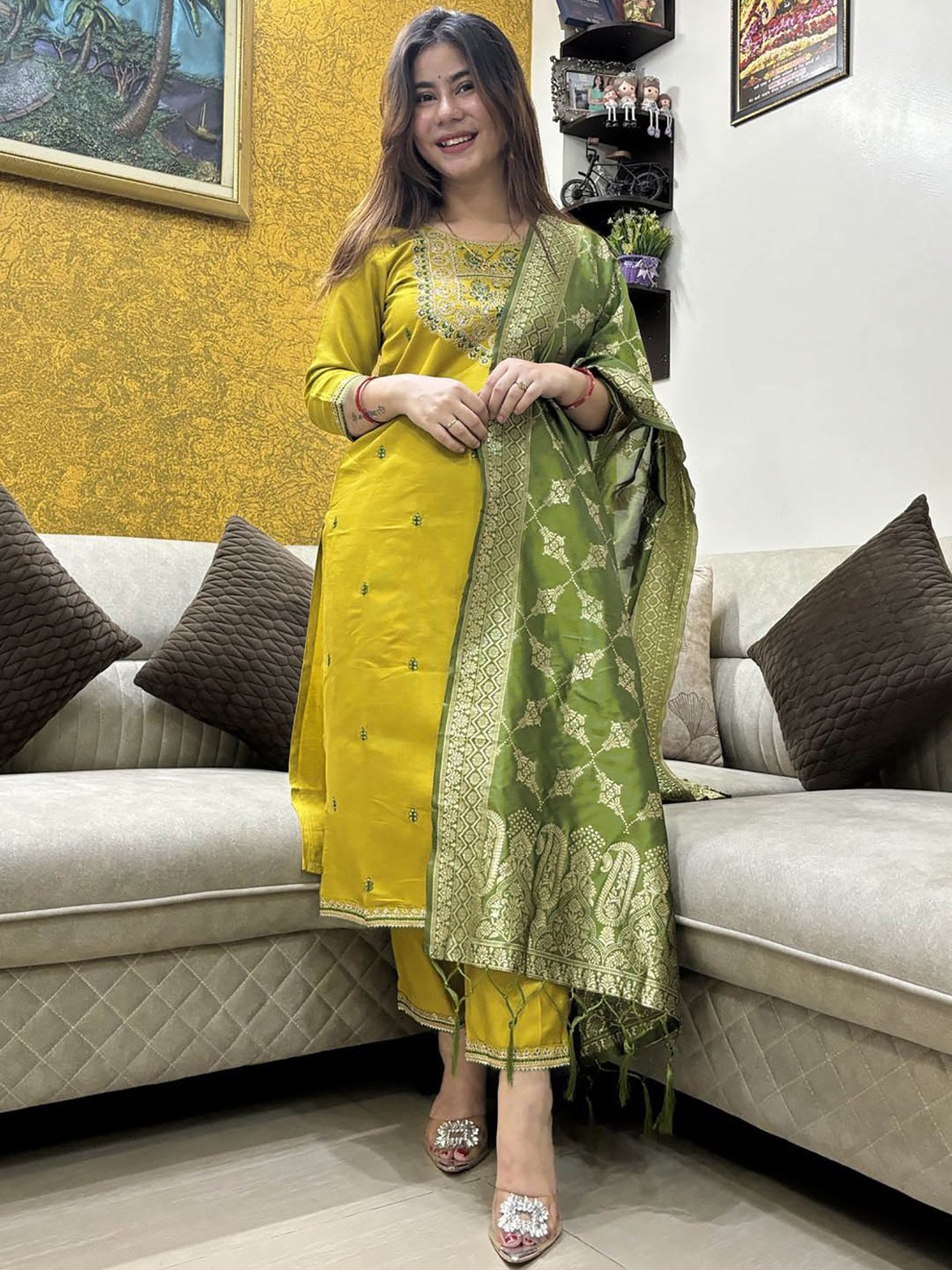 Traditional Yellow-Green Salwar Suit with Brocade Dupatta