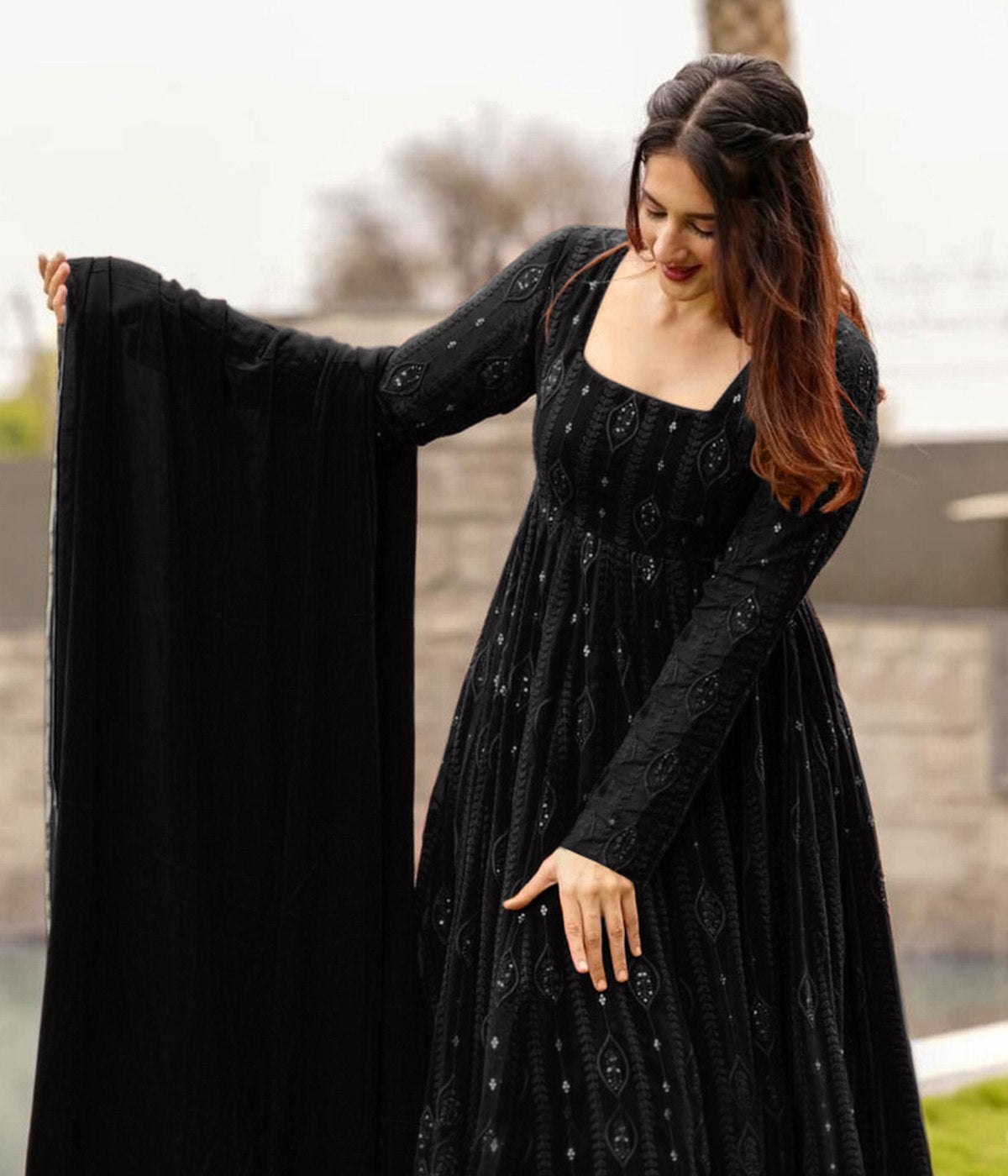 Designer Black Long Anarkali Dress with Intricate Work