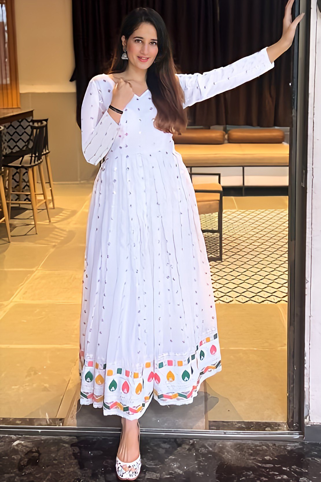 White Mirror Work Anarkali Gown with Colorful Border