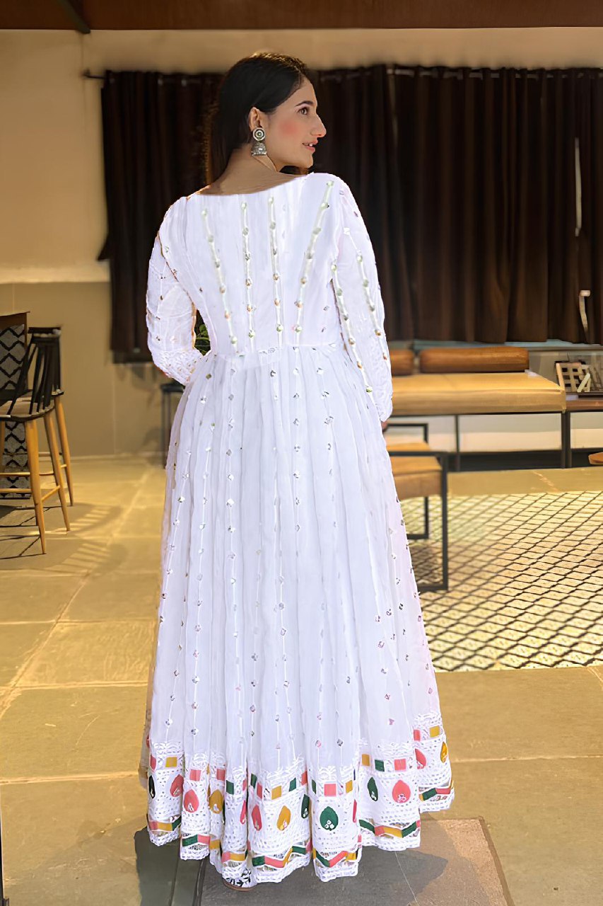 White Mirror Work Anarkali Gown with Colorful Border
