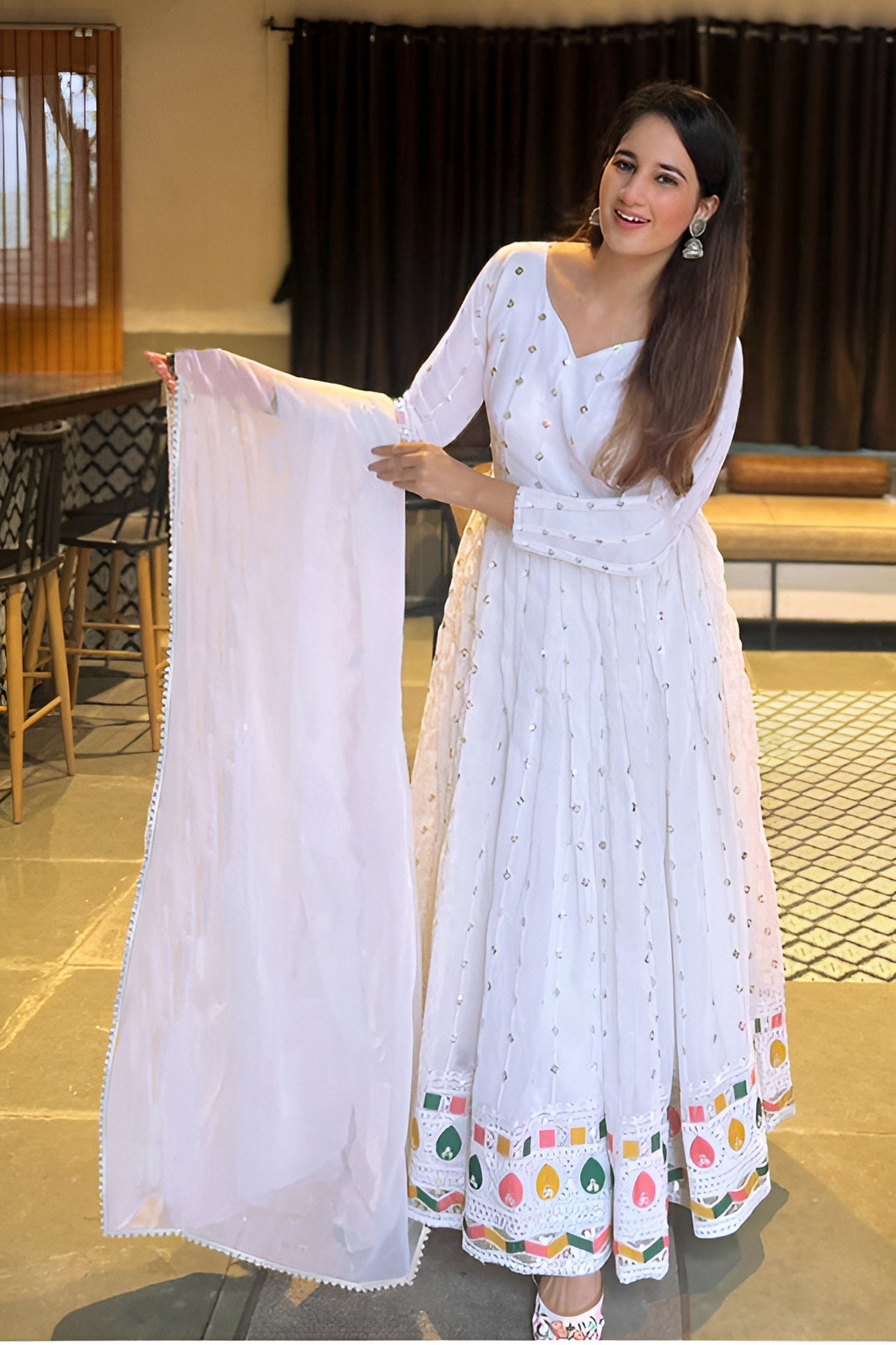 White Mirror Work Anarkali Gown with Colorful Border