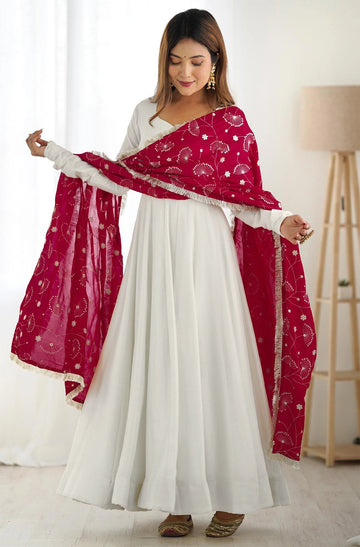 Full-Sleeve Solid White Anarkali with Heavy Work Dupatta