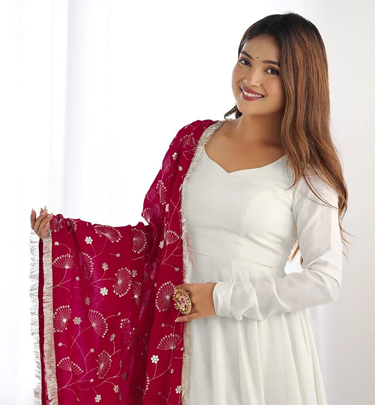 Full-Sleeve Solid White Anarkali with Heavy Work Dupatta