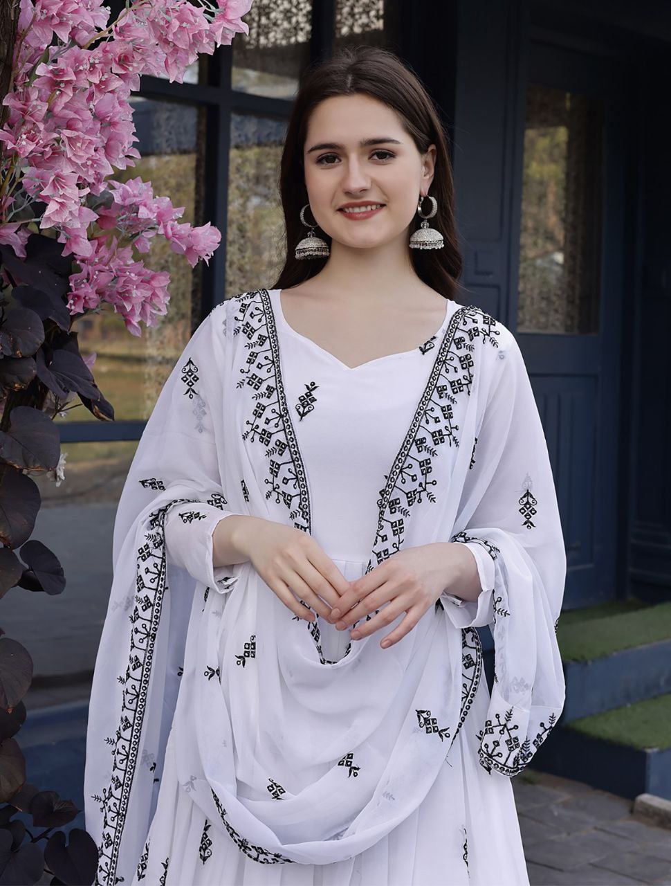 Monochrome Chikankari-Style Embroidered Anarkali Dress