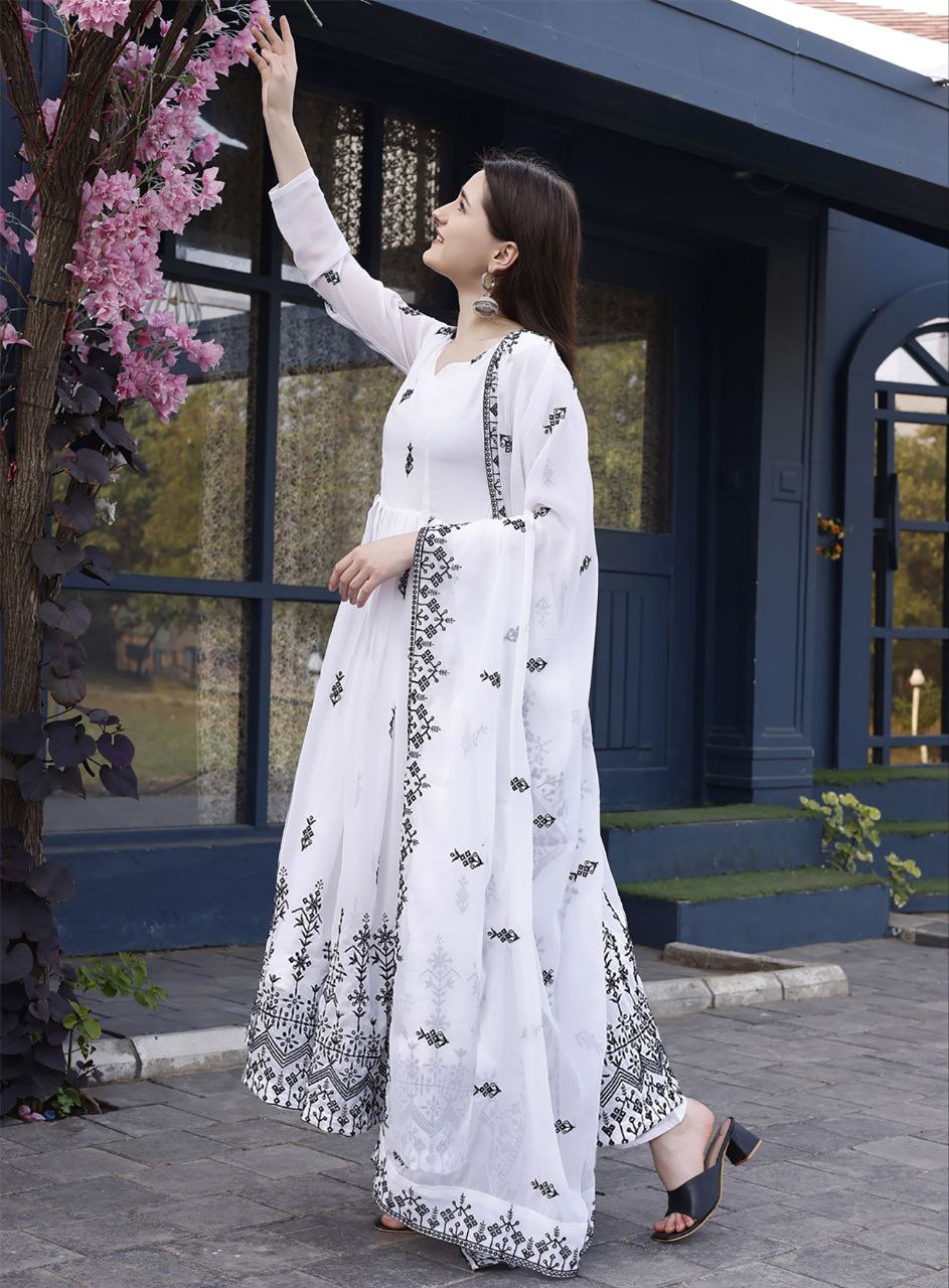 Monochrome Chikankari-Style Embroidered Anarkali Dress